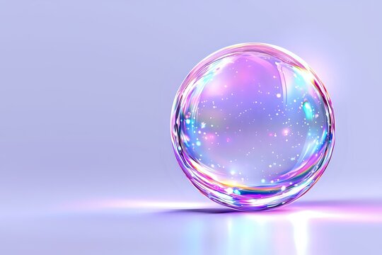 Magical glowing crystal sphere with iridescent reflections and sparkles on purple background, mystical orb radiating ethereal light and cosmic energy.