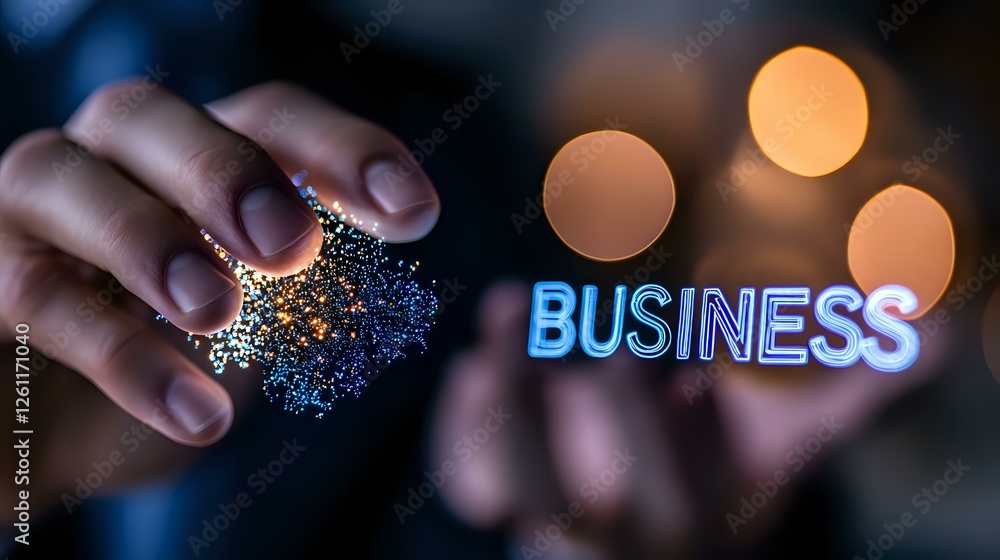 Aufkleber hand holding glowing network structure with blue neon business text and bokeh lights in dark backgro