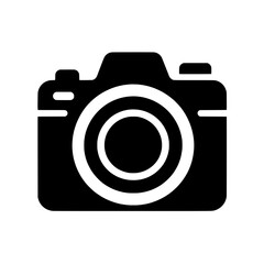 Camera Icon: A simple yet bold black silhouette of a DSLR camera, ideal for photography-related projects, websites, and applications.  The clean design makes it versatile and easily recognizable. 