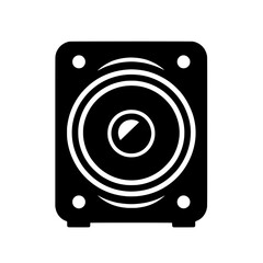 Subwoofer Icon: A simple, bold black icon of a compact subwoofer speaker, perfect for audio equipment guides, websites, and apps.  The clean design is ideal for a variety of uses.