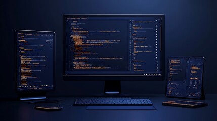 A dark blue background with three different devices, Dark Themed Coding Workspace with Orange Lighting