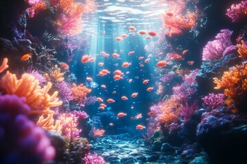 Underwater coral reef, fish, sunlight, ocean, vibrant colors, nature scene, marine life, stock photo