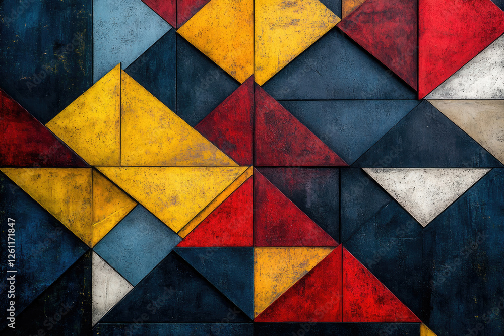 Poster geometric wall art with vibrant red, yellow, blue, and gray triangles creating a captivating abstrac