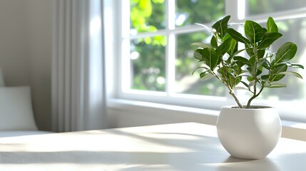 Fototapeta premium Green plant in round white ceramic pot on windowsill with natural sunlight casting soft shadows. Minimalist home decor setting creates peaceful atmosphere.