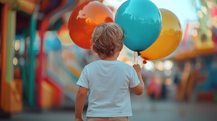 Child holding colorful balloons in an amusement park during the day. Generative AI.