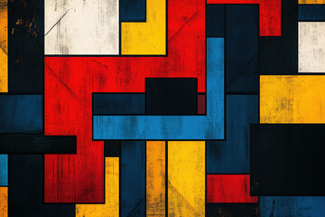 Abstract geometric artwork with red, yellow, blue, and black squares and rectangles on a textured...