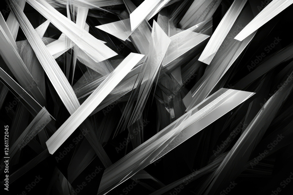 Aufkleber Abstract grayscale image featuring a chaotic jumble of sharp, metallic, angular shapes.