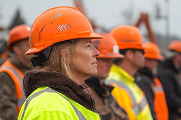 Construction workers, lined up in bright vests and hard hats, stand in a row ready for work. Safety first, with attention and focus on the job.