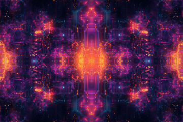 Obraz premium A vibrant, symmetrical digital artwork depicting a futuristic, glowing cityscape with neon lights and intricate circuitry.