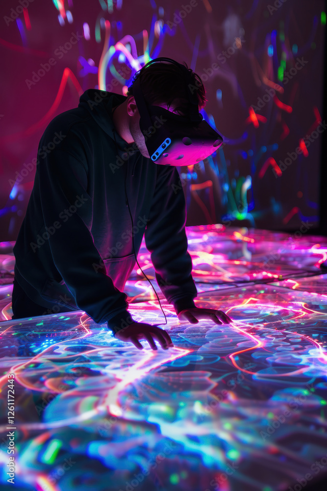 Poster innovative vr exploration: scientists analyzing neural responses in futuristic digital environments