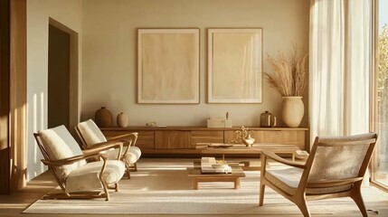 Scandinavian-inspired living room with neutral colors, clean lines, and wooden furniture, copy space