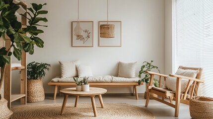 Scandinavian-inspired living room with neutral colors, clean lines, and wooden furniture, copy space