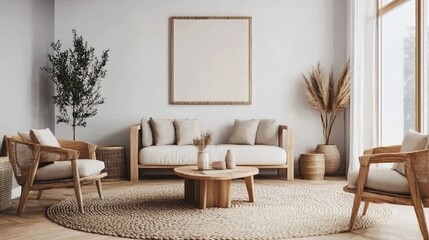 Scandinavian-inspired living room with neutral colors, clean lines, and wooden furniture, copy space