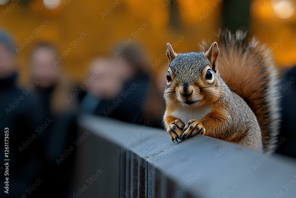 Poster curious red squirrel perched on railing against blurred autumn background, looking directly at camer