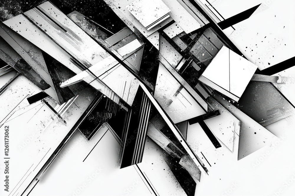 Poster Abstract grayscale artwork featuring intersecting geometric shapes, creating a dynamic and chaotic composition.
