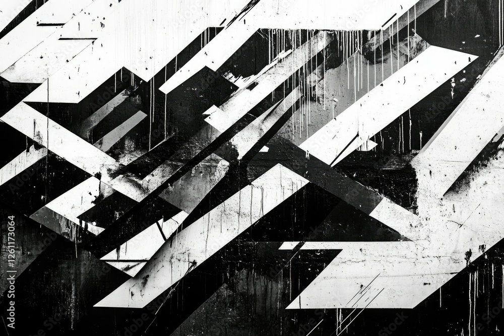 Poster abstract black and white graffiti art on a textured wall, featuring intersecting angular shapes and 