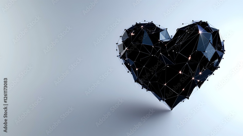 Poster dark crystalline heart shape with glowing edges floating against light background, geometric low pol