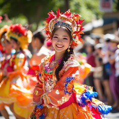 The lively festival atmosphere comes into focus with the blurred background of the dancers.
