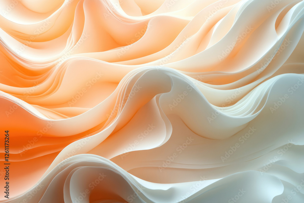 Poster abstract image of layered, flowing paper in warm peach and white hues creating a wavy, undulating te