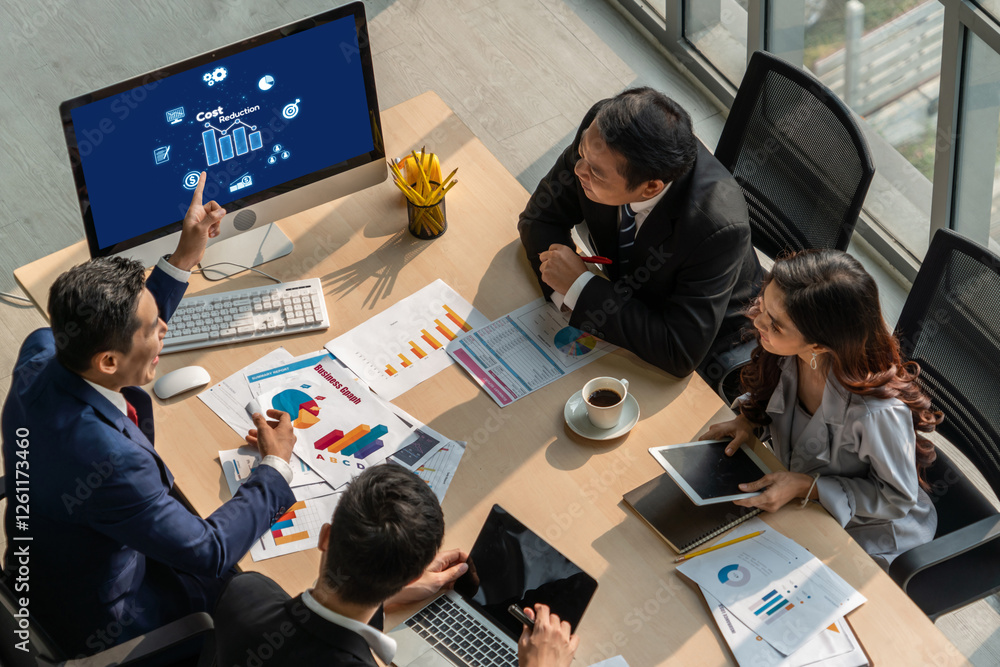 Poster cost reduction, cost saving concept shown on computer screen brisk, corporate business efficiently s