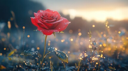 Magical red rose at sunrise meadow