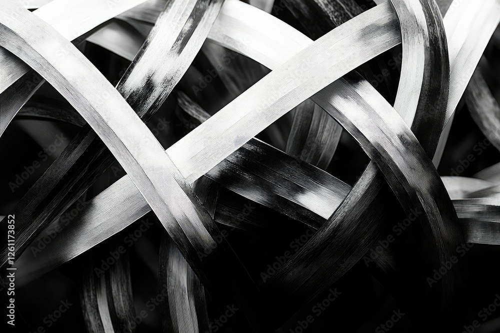 Poster intricate black and white interwoven strips create a mesmerizing abstract design, showcasing texture