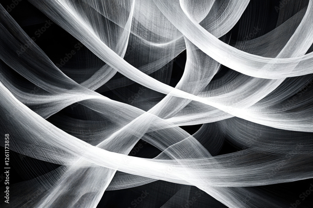 Poster abstract grayscale artwork featuring interwoven, flowing white lines against a black backdrop, creat