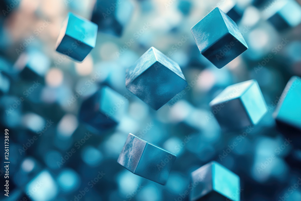 Aufkleber Abstract 3D rendering of numerous cyan cubes floating in space, creating a sense of depth and movement.