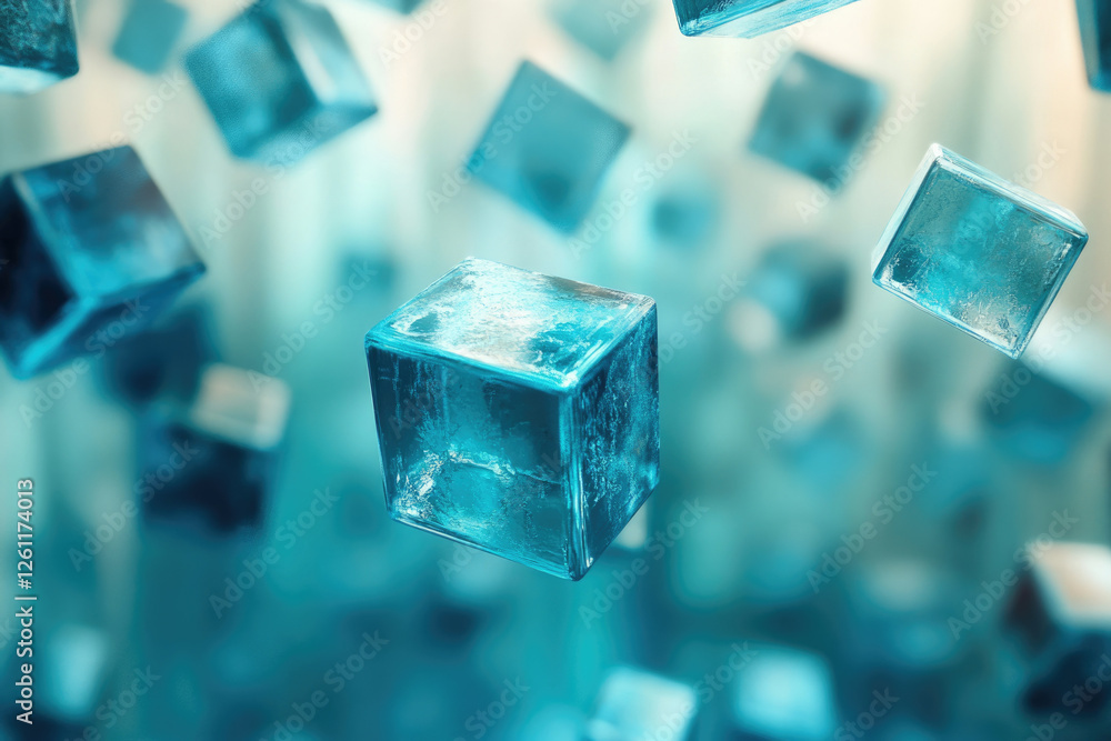 Poster Many translucent blue ice cubes float in mid-air, creating a visually stunning and abstract scene.