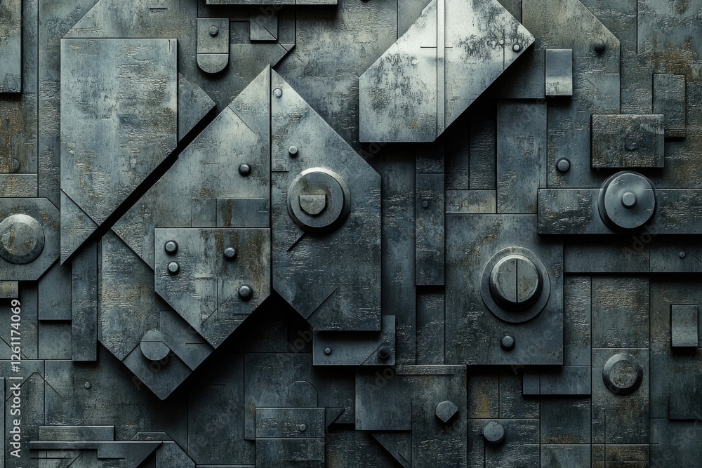 Poster abstract metallic texture with geometric shapes and grunge details, creating a futuristic or industr