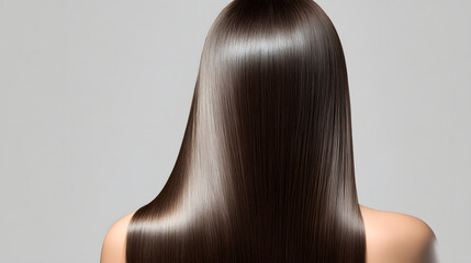 Smooth, shiny brunette hair cascading down a woman's back. The hair appears straight and healthy, reflecting light beautifully. A focus on hair care and beauty.