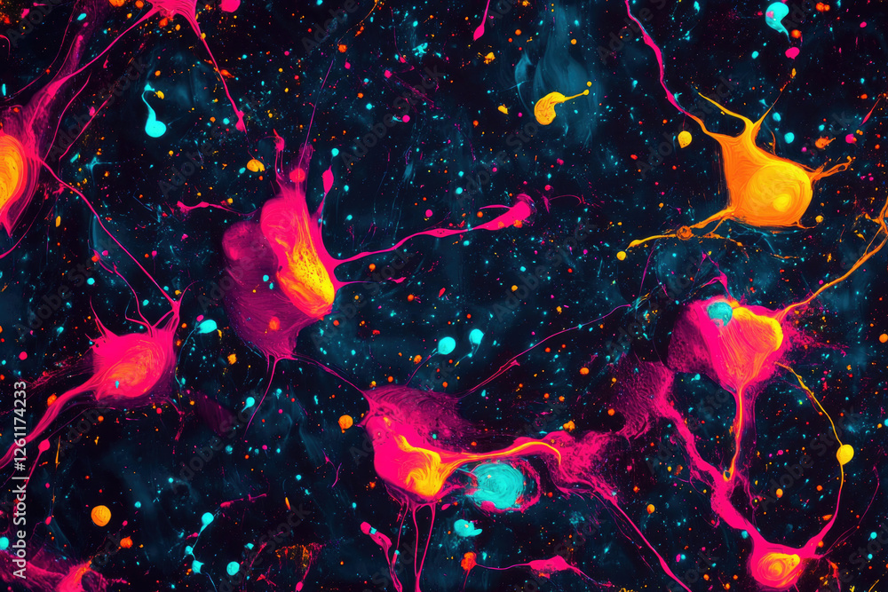Poster vibrant neon paint splatters create a cosmic, abstract artwork resembling a nebula.