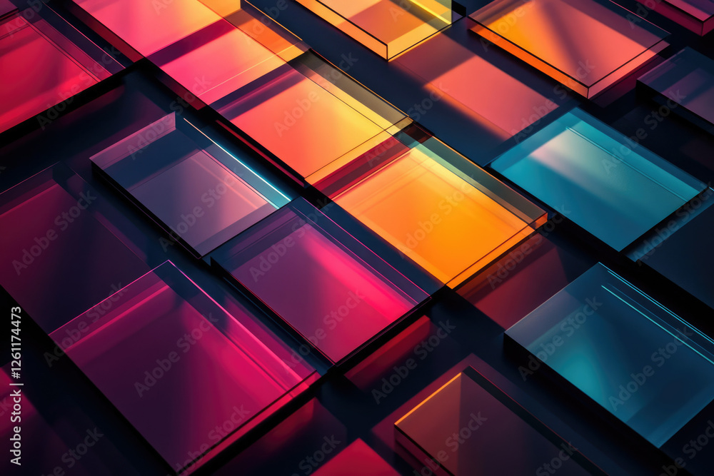 Aufkleber abstract image of colorful, translucent glass rectangles overlapping on a dark background.