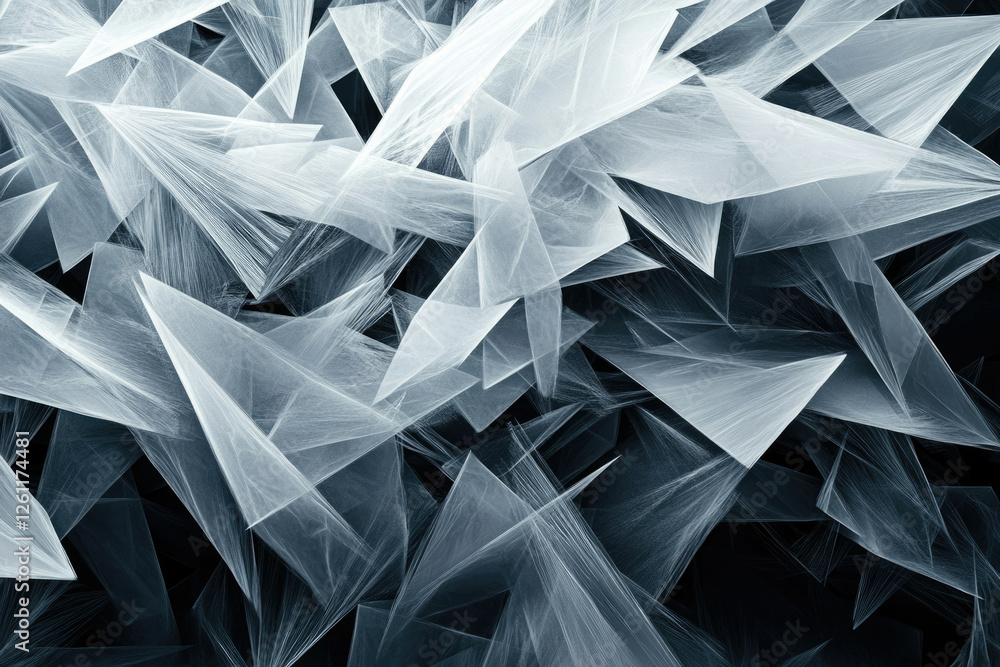 Poster Abstract artwork featuring a chaotic arrangement of translucent, geometric shapes resembling shards of ice or glass.