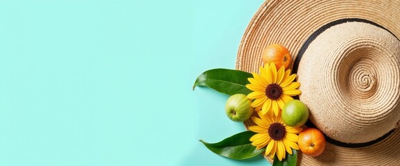Summer vacation essentials with straw hat, sunflowers, and fruits for travel blogs, holiday promotions, seasonal marketing, and lifestyle content creation