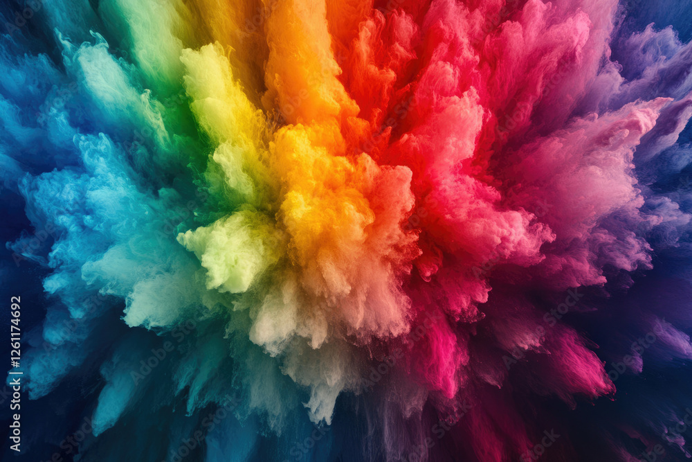 Poster vibrant rainbow-colored powder explosion, creating a mesmerizing and dynamic visual effect.