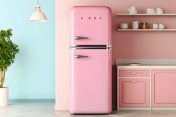 Retro kitchen with pastel colors and a vintage fridge for nostalgic design
