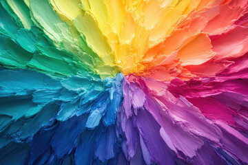 Fototapeta premium Vibrant rainbow color explosion, thick impasto brushstrokes radiating outwards creating a dynamic, energetic artwork.