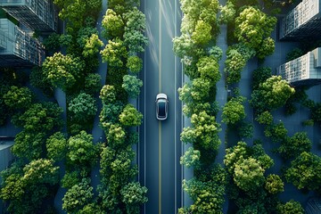 Wireless charging road for electric vehicles in an eco-friendly urban landscape. Generative AI.