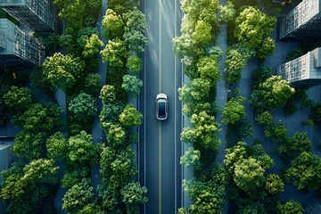 Wireless charging road for electric vehicles in an eco-friendly urban landscape. Generative AI.