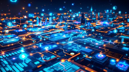 Abstract Digital Network with Financial Symbols and Data