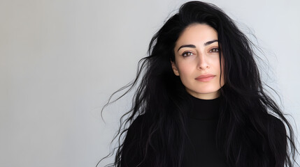 Portrait of a striking woman with flowing black hair and a serene expression against a neutral backdrop, radiating elegance and confidence.