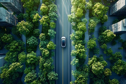 Wireless charging road for electric vehicles in an eco-friendly urban landscape. Generative AI.