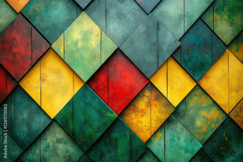 Poster geometric pattern of colorful diamond-shaped tiles with a textured, rustic look.