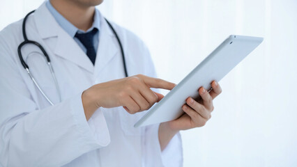 A doctor wearing a white coat and a stethoscope is using a digital tablet.