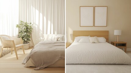 Serene minimalist bedroom sunlight pastel tones