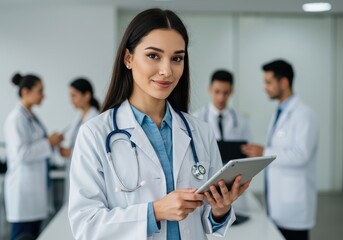 A young female doctor with long dark hair wearing a white coat and a stethoscope