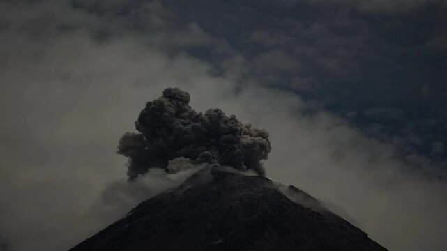Volcanic lightning in ash clouds during eruption from of Colima volcano in Mexico.