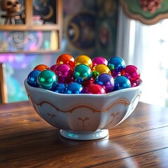 Colorful Balls in a Bowl, placed on a Wooden Table, with Blurred Background