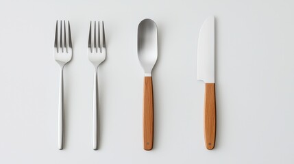 Elegant Cutlery Set with Forks, Spoon, and Knife on Minimalist Background